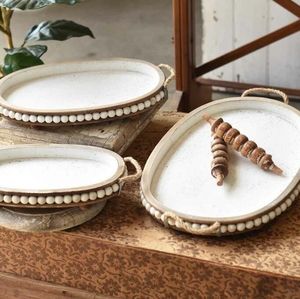 Wooden Beaded Tray, Set of 3